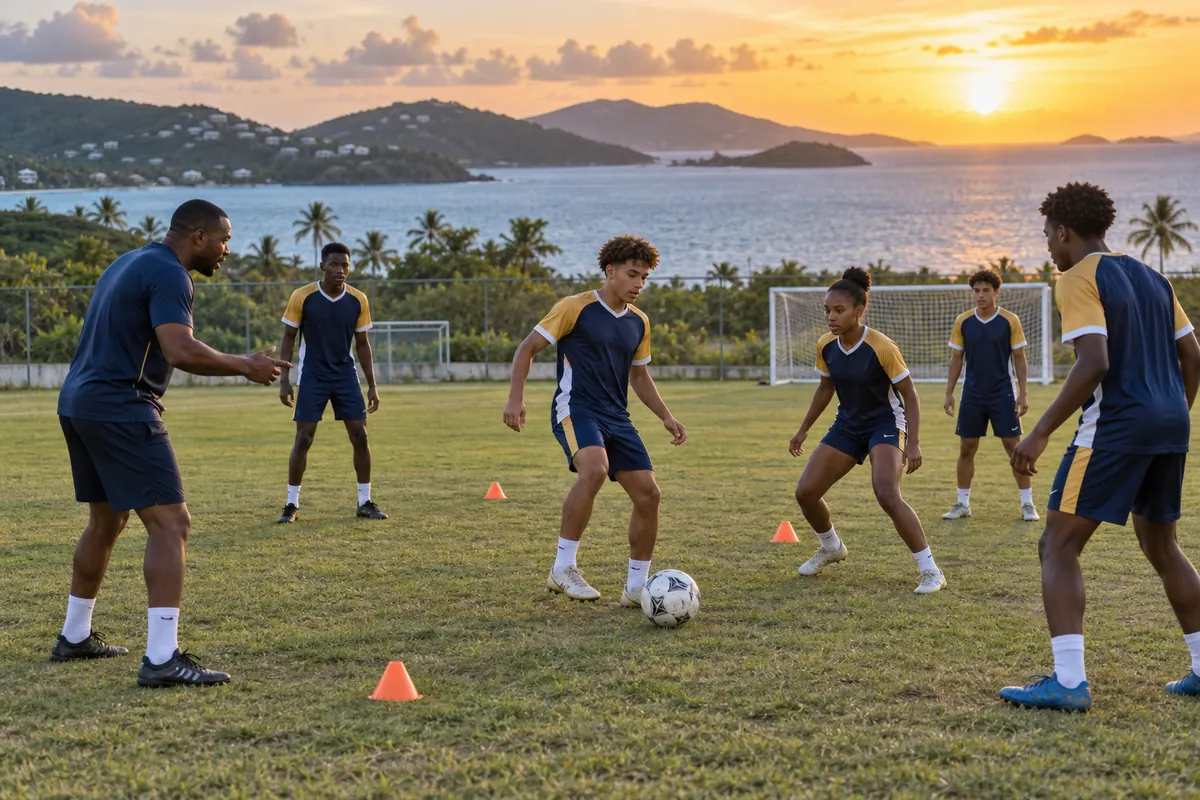Young US Virgin Islands footballers training with a coach at sunset on a Caribbean pitch