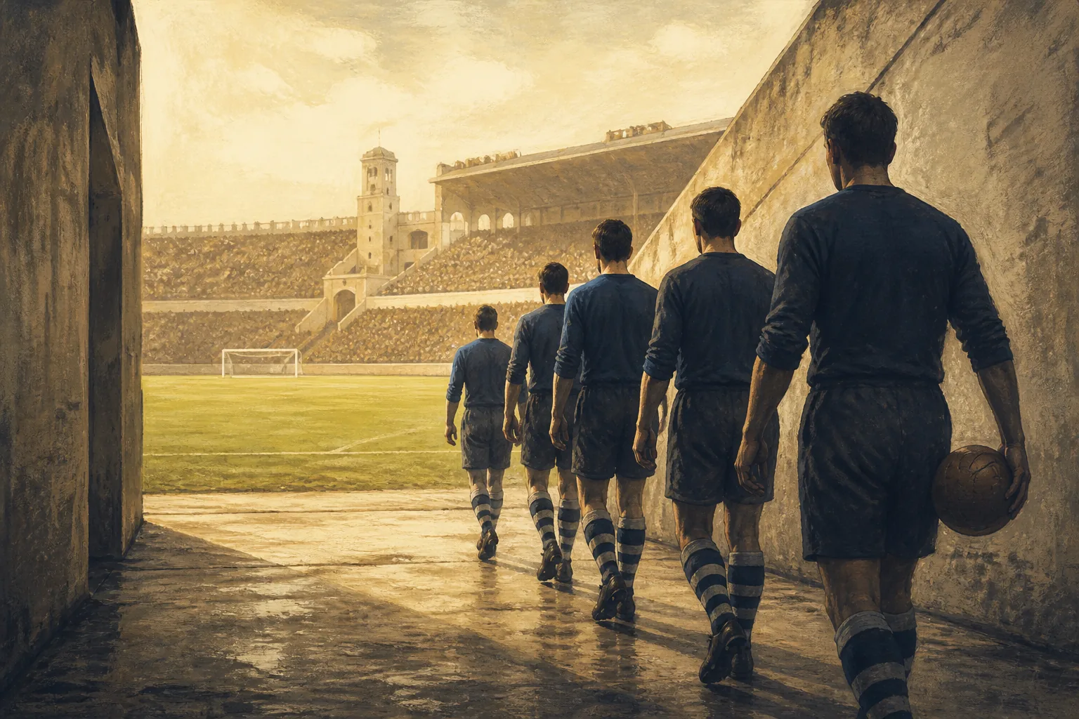 Fictional footballers walking into a sunlit stadium in a period-inspired 1930s scene