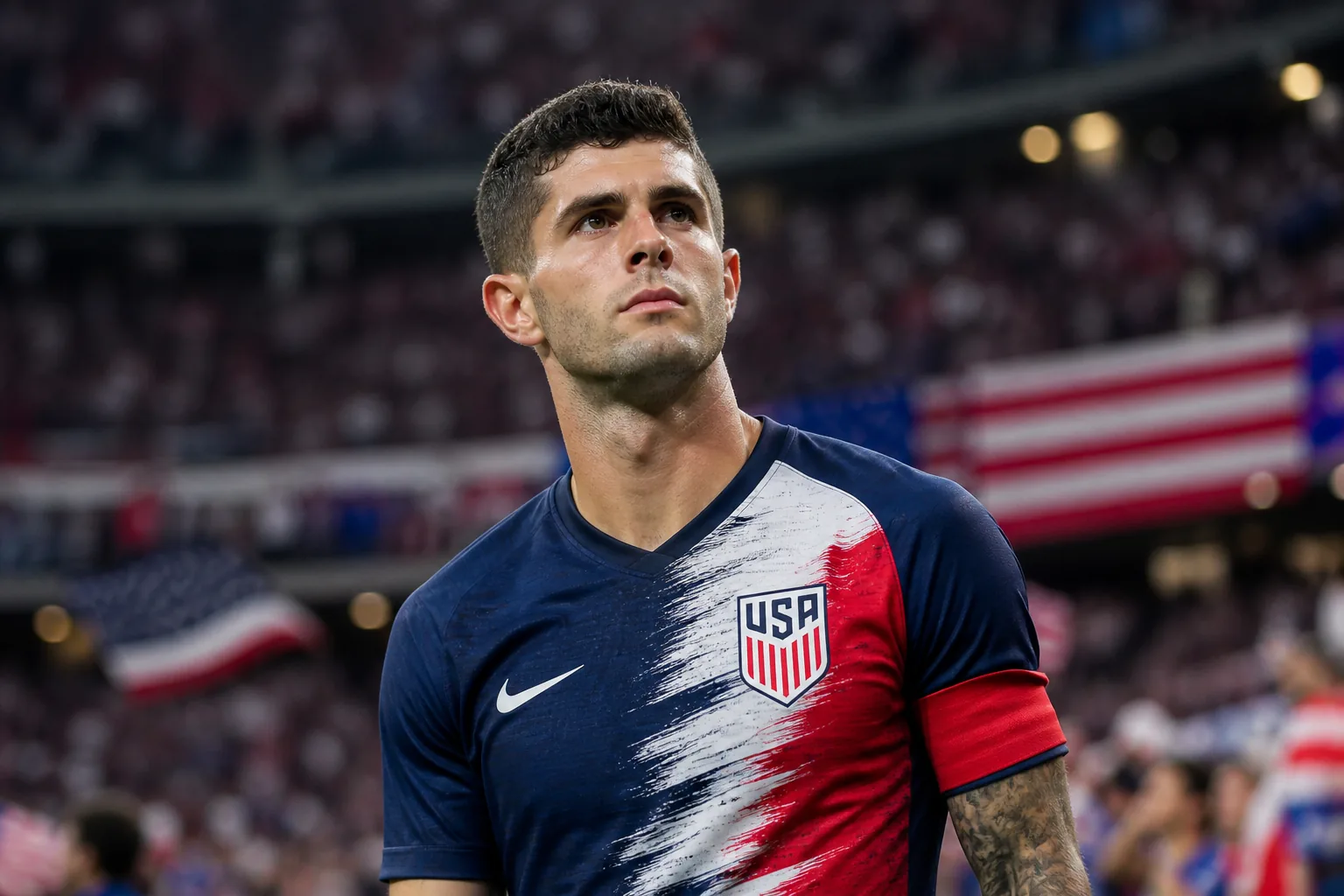 A fictional editorial portrait inspired by United States captain Christian Pulisic in a navy-and-white USA national-team kit