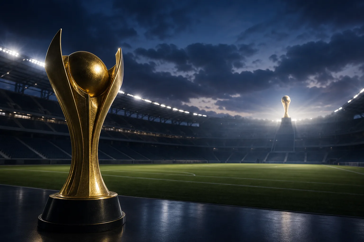 A regional football trophy in the foreground and a distant world trophy in a modern stadium