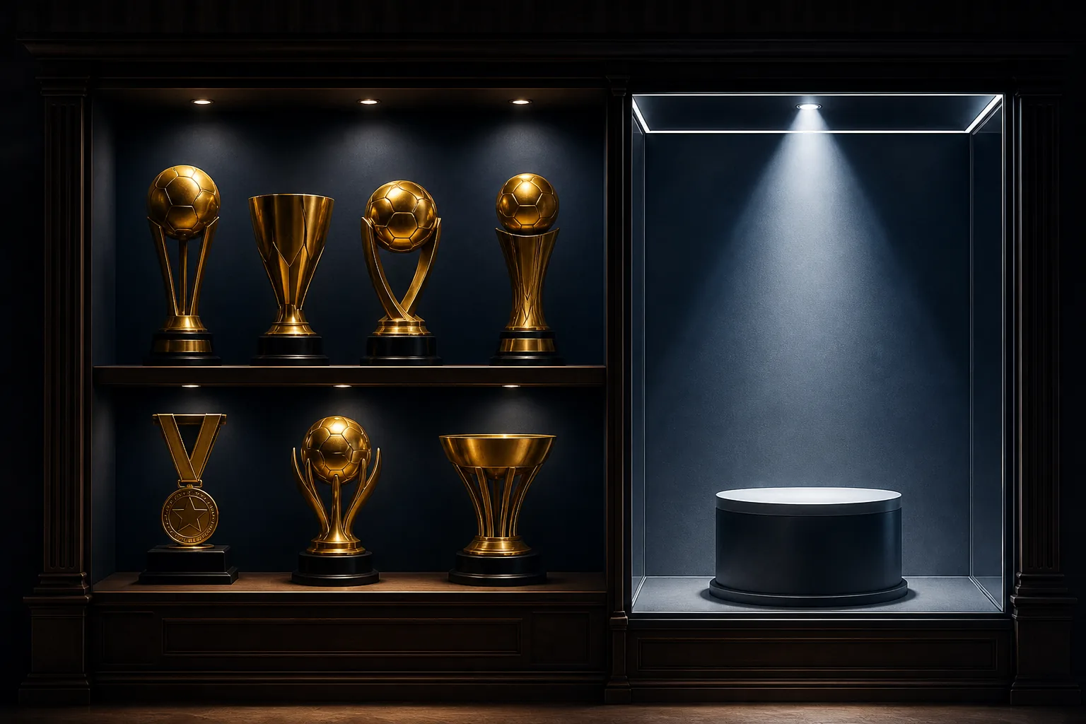 A cabinet with seven regional football trophies and a larger empty illuminated pedestal
