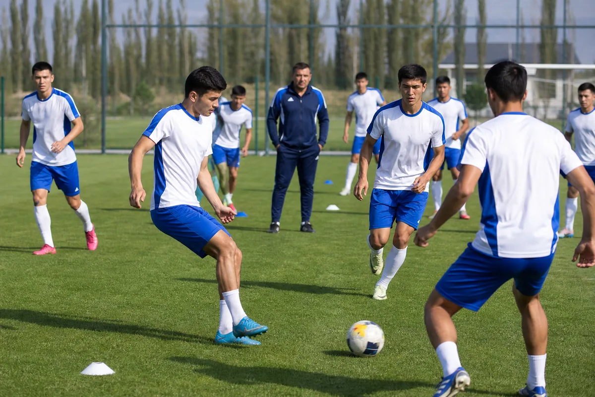 Fictional Uzbekistan youth and senior national-team players working through a technical passing drill at a football academy