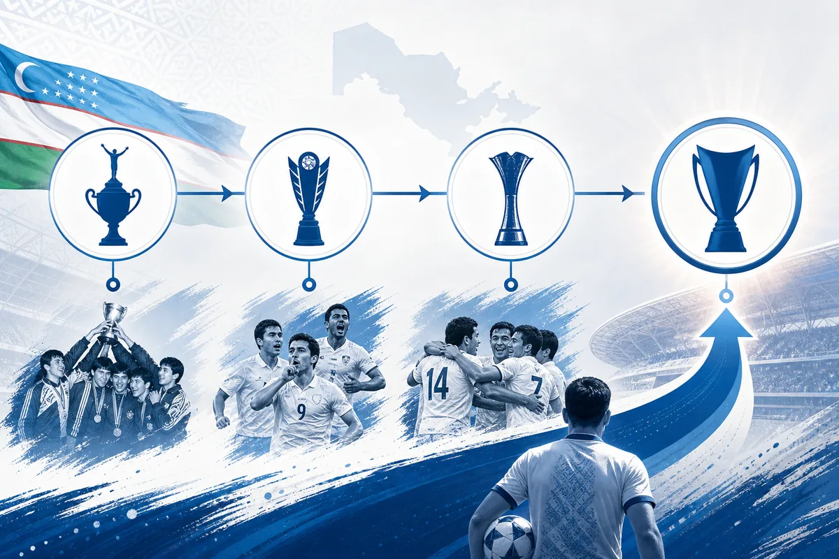 Text-free editorial timeline illustration of Uzbekistan's 1994 Asian Games title, Asian Cup progress, 2011 semi-final and future final target