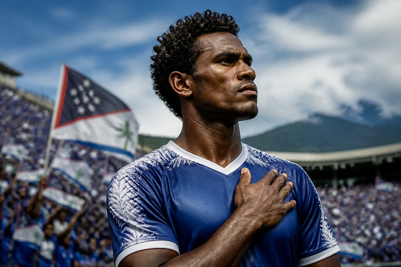 A fictional editorial portrait inspired by Vanuatu footballer Brian Kaltak in a blue Blue Eagles kit