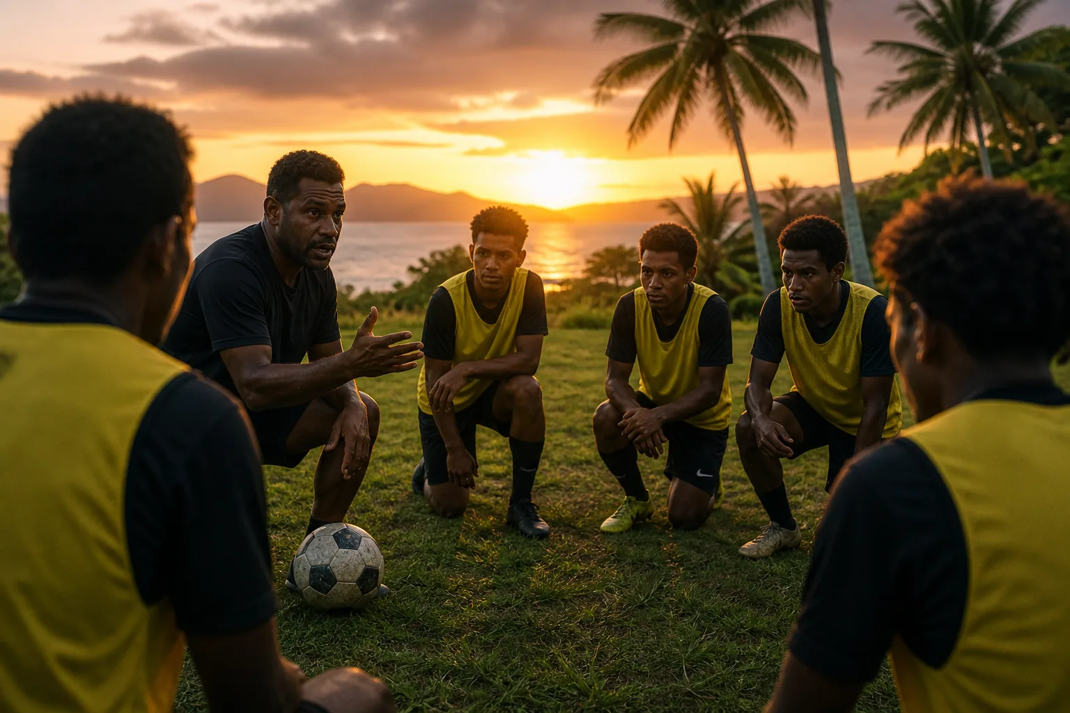 Young Vanuatu footballers training with a coach at sunset on a Pacific island pitch