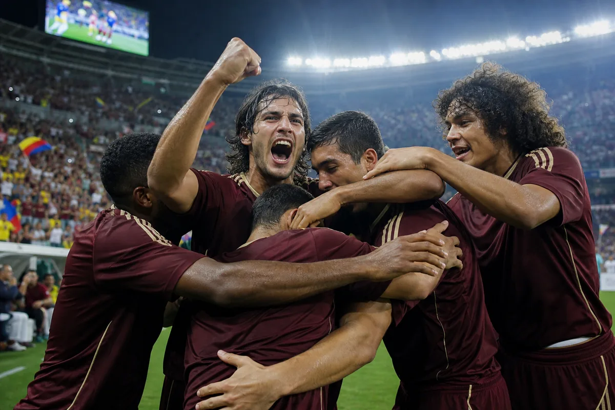 Fictional Venezuela players celebrating their breakthrough 2011 Copa América semi-final run