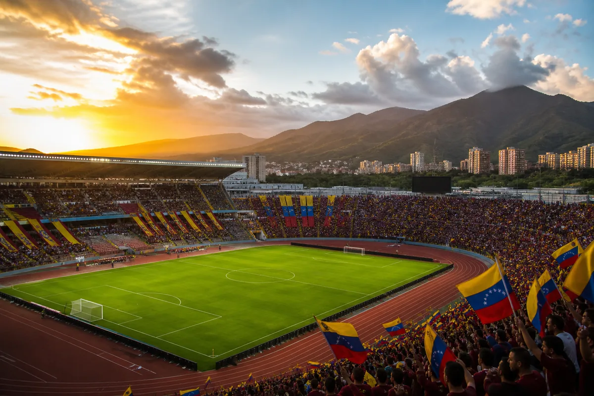 A Caracas football stadium-inspired ground at sunset with burgundy and national-color flags and a tropical mountain skyline