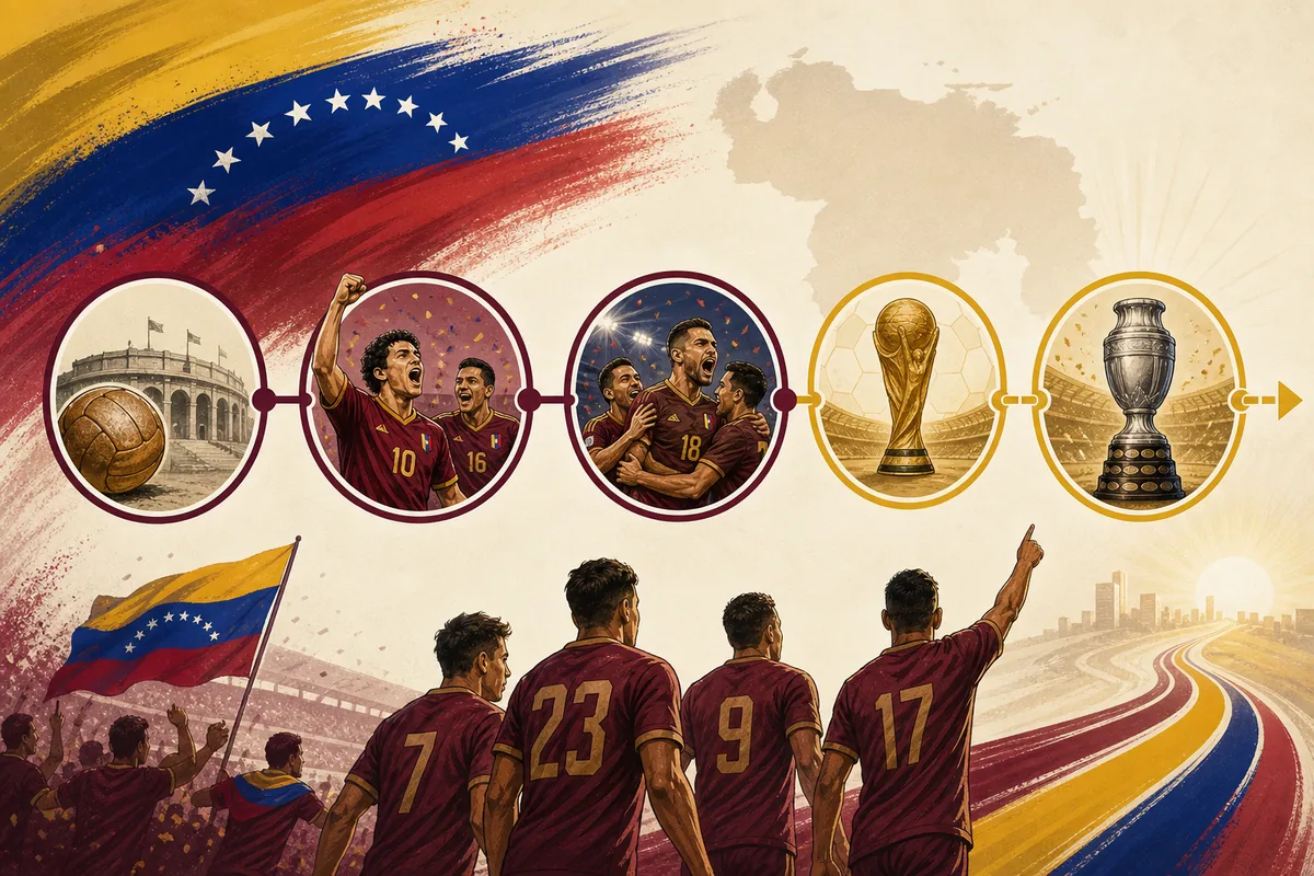 Text-free editorial timeline illustration of Venezuela's Copa América beginnings, 2007 quarter-final, 2011 semi-final and future World Cup target