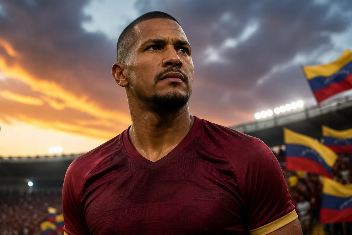 A fictional Venezuela national-team striker inspired by Salomón Rondón standing before a stadium with burgundy and national-color flags