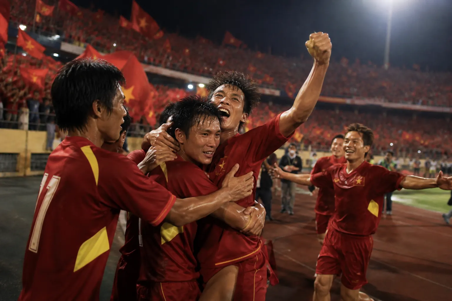 Fictional Vietnamese footballers celebrating their first AFF Championship title in 2008