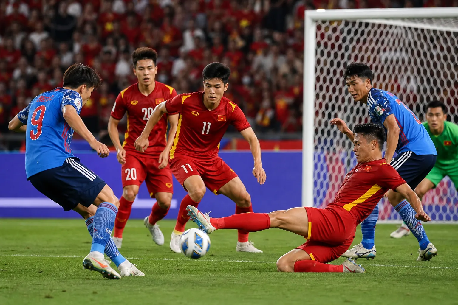 Fictional Vietnamese footballers battling Japan in a tense AFC Asian Cup quarter-final