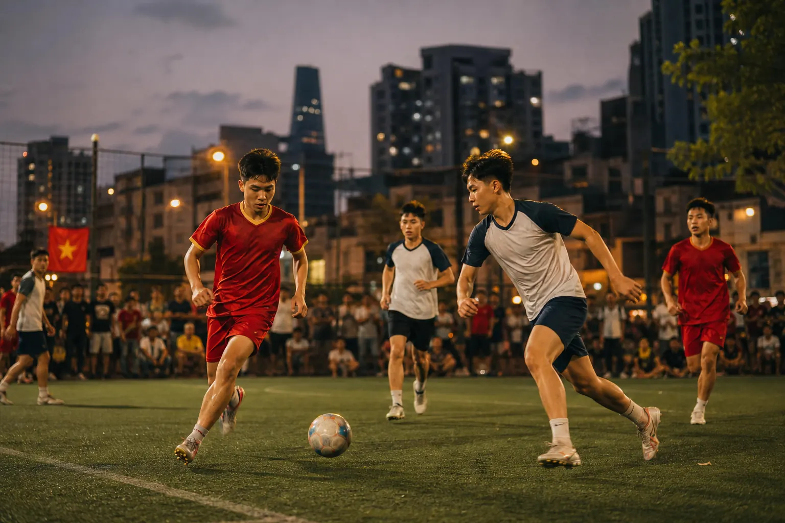 Young fictional Vietnamese footballers playing an energetic evening match in Ho Chi Minh City