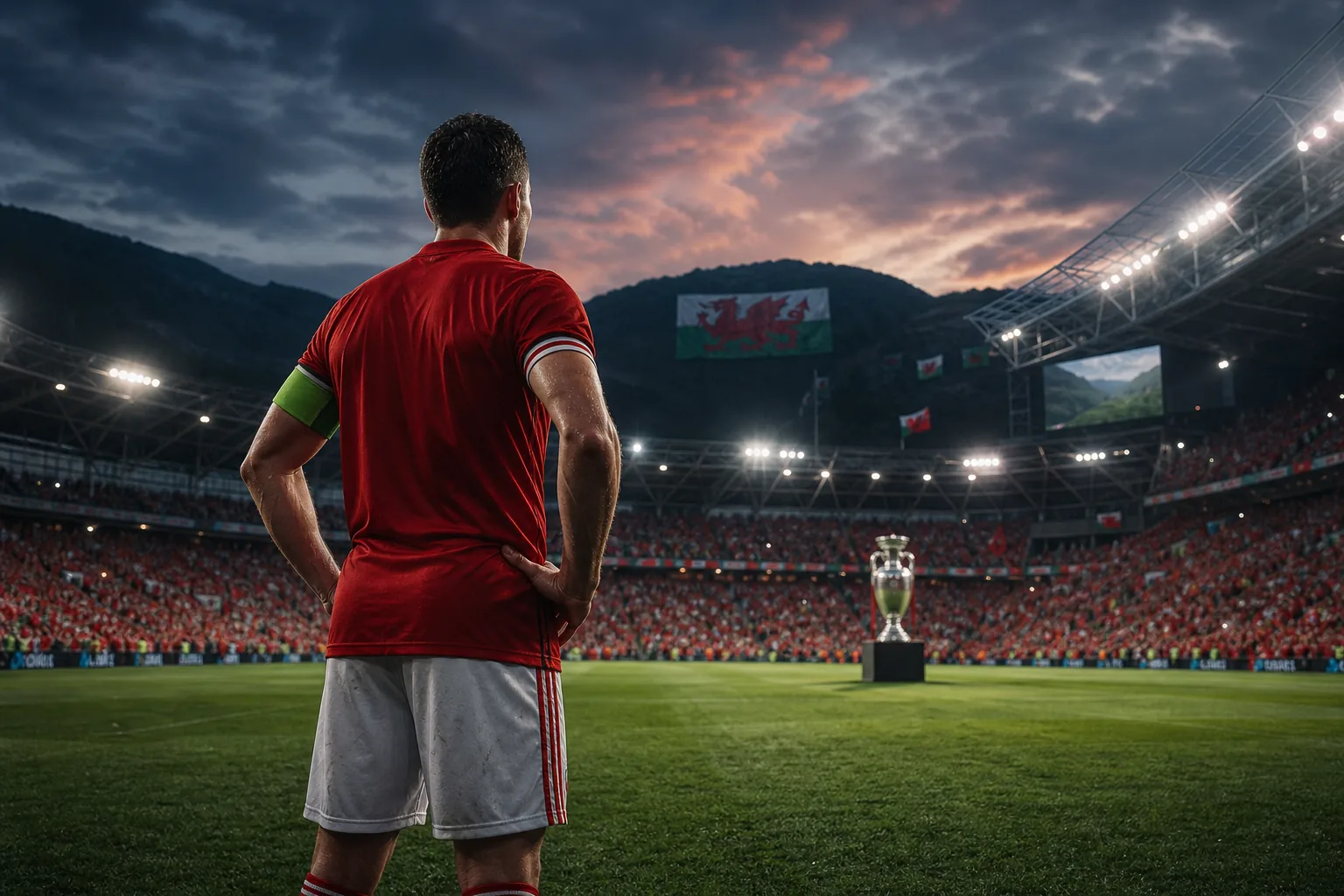 Fictional Welsh players celebrating a historic Euro 2016 breakthrough in a sea of red supporters