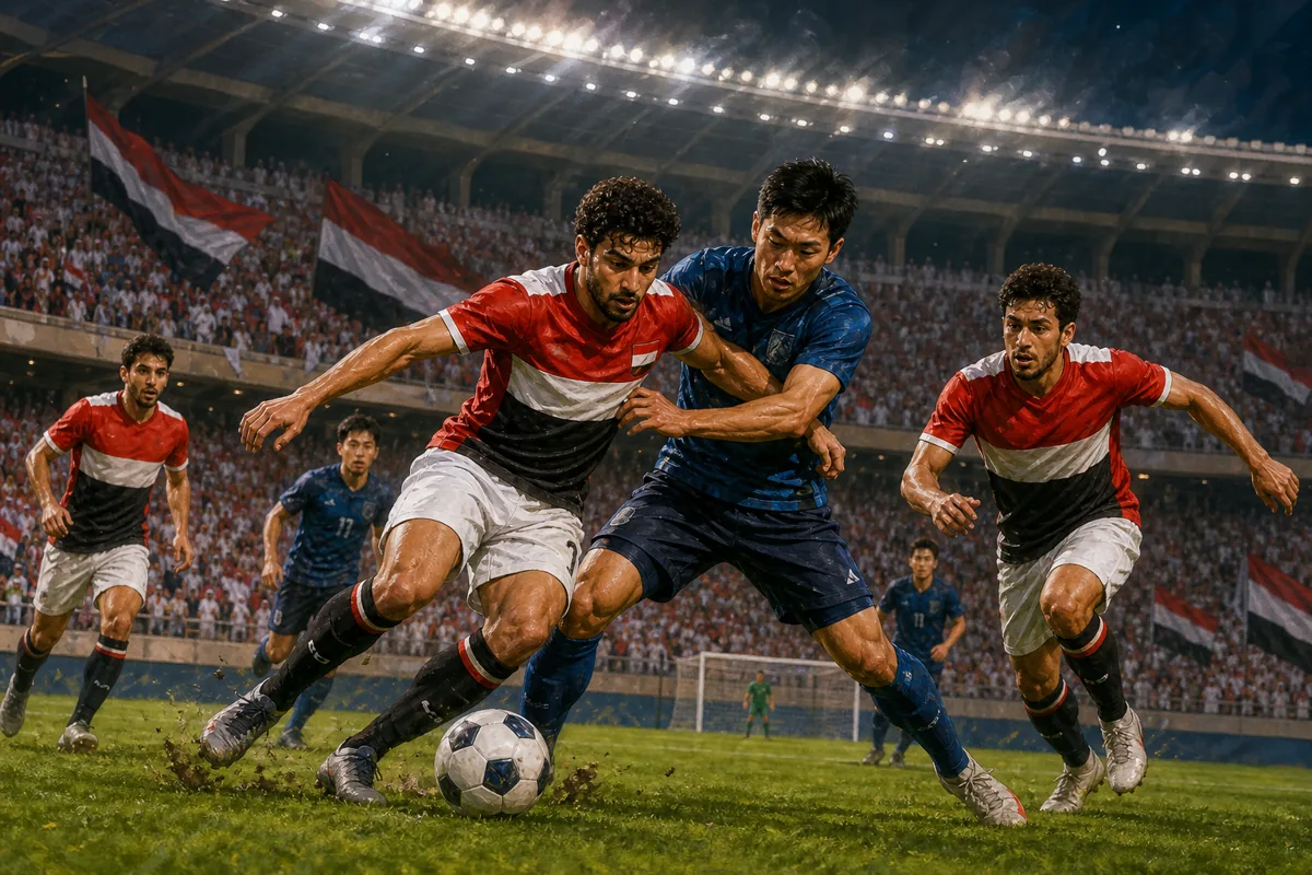 Fictional Yemeni footballers in red, white and black kits competing in an intense AFC World Cup qualifier