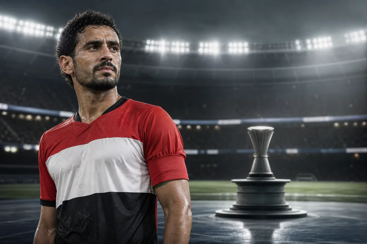 Editorial sports portrait of a fictional Yemeni captain inspired by Alaa Al-Sasi in a floodlit stadium with an empty Asian Cup trophy pedestal behind him