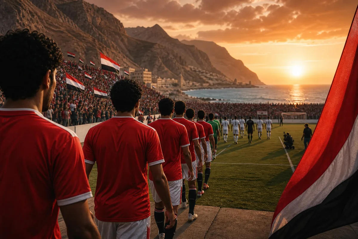 Fictional Yemeni players walking onto a coastal stadium pitch at sunset with supporters and national flags