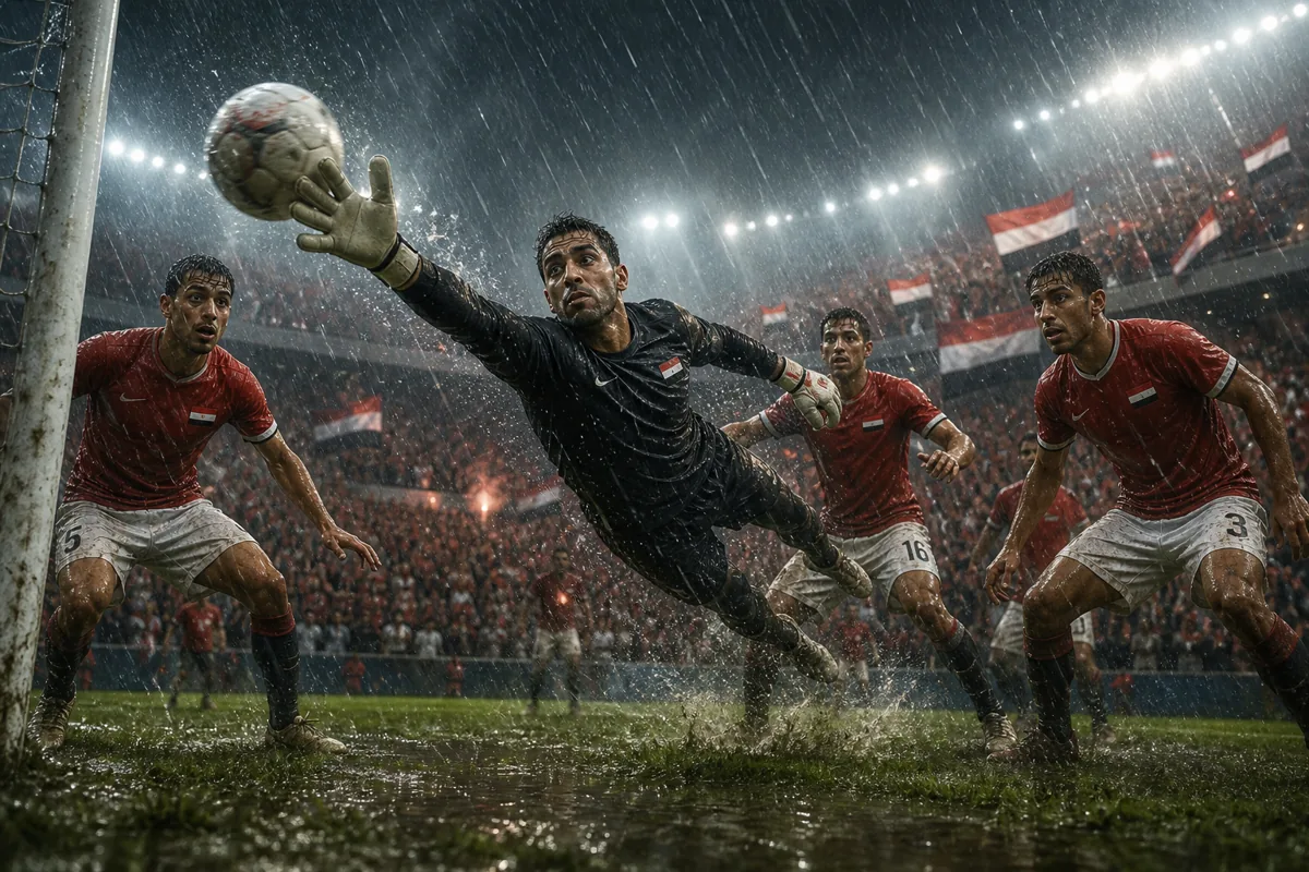 Fictional Yemeni goalkeeper making a brave save during a rain-soaked international qualifier