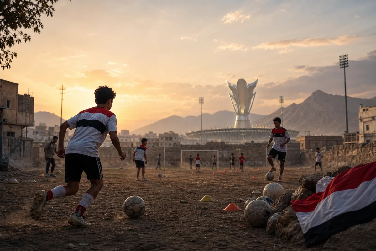 Fictional young Yemeni footballers training on a community pitch at dawn with a symbolic Asian Cup trophy beyond the field