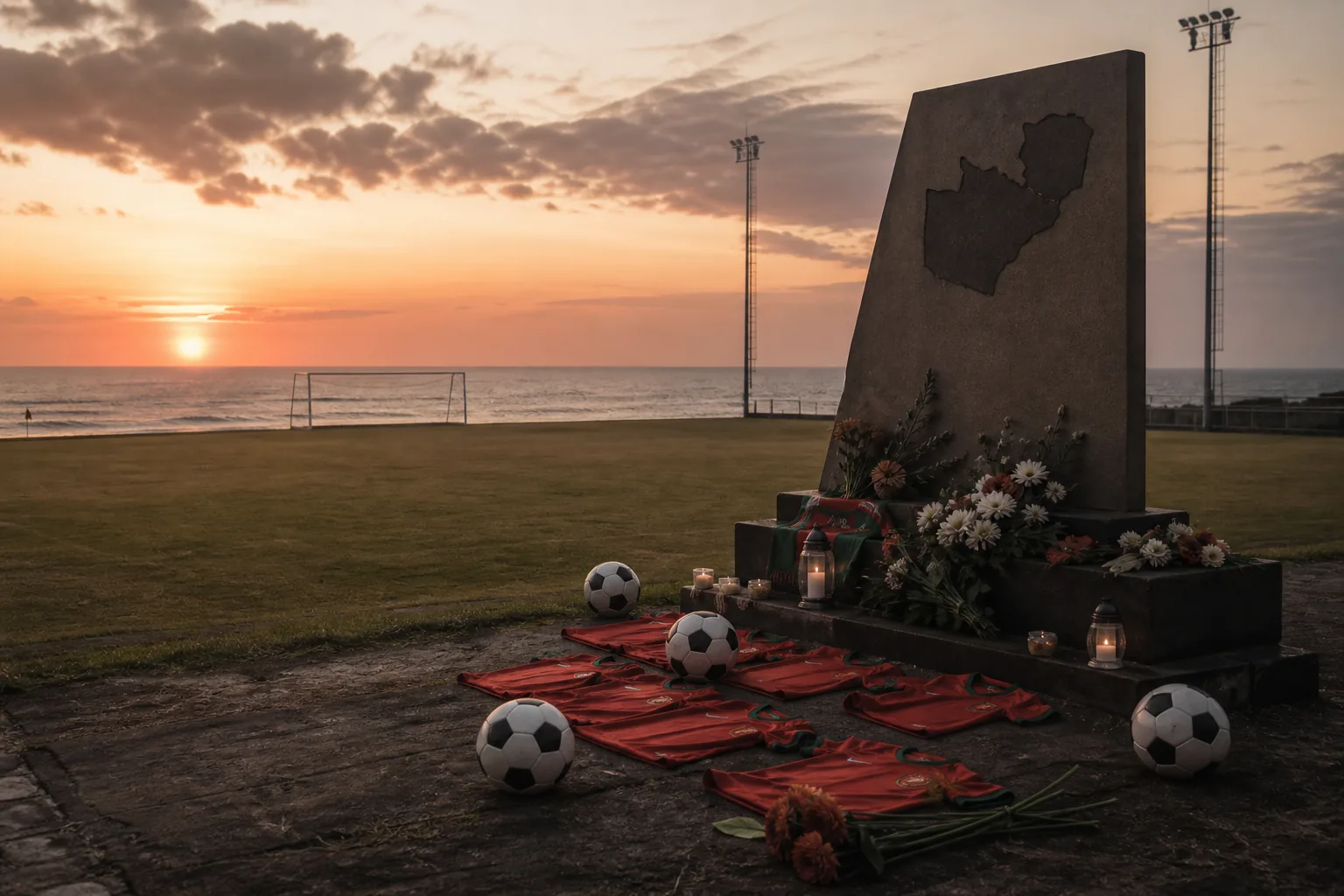 A respectful memorial of football shirts and balls beside an empty pitch at the Atlantic coast at dawn