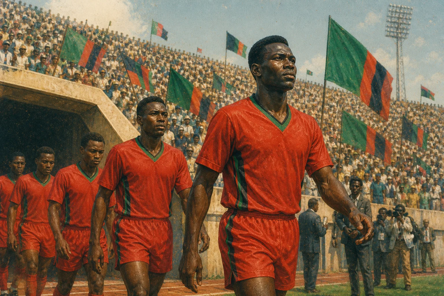 Fictional Zambian footballers walking onto a stadium pitch for the 1994 Africa Cup of Nations final