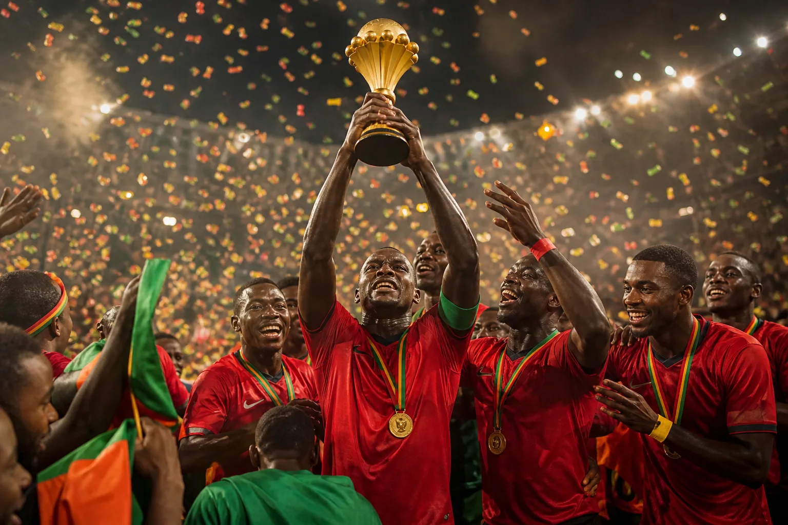 Fictional Zambian footballers celebrating their 2012 Africa Cup of Nations triumph with the trophy