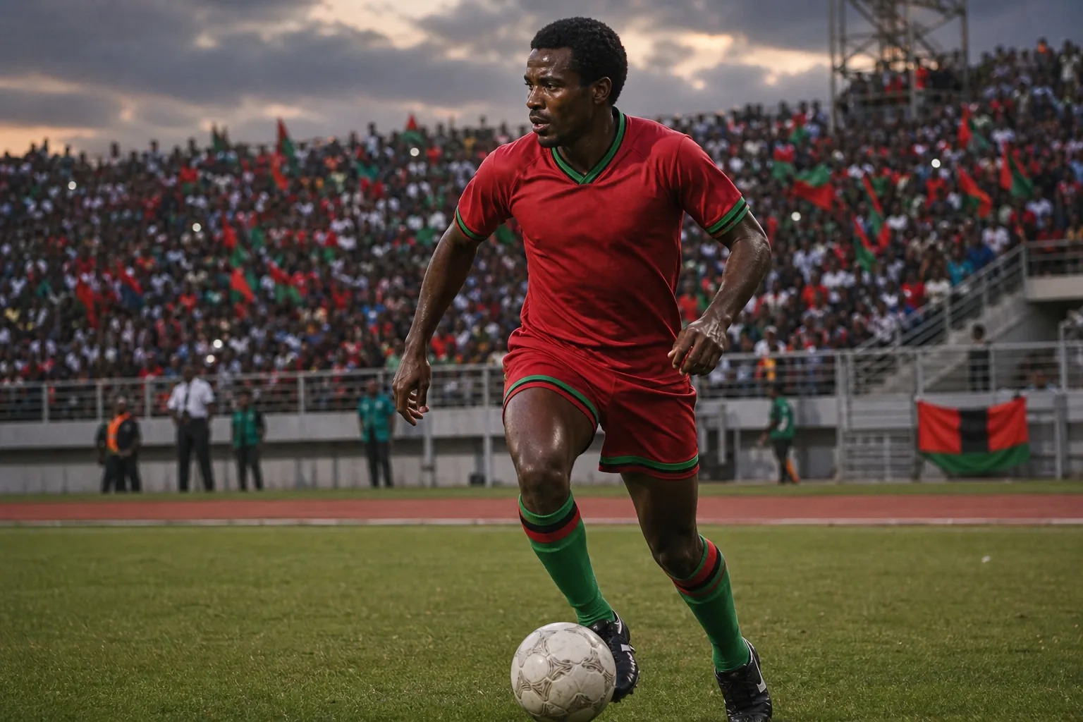 A fictional Zambian national-team star forward inspired by Kalusha Bwalya leading an attack in a packed Lusaka stadium