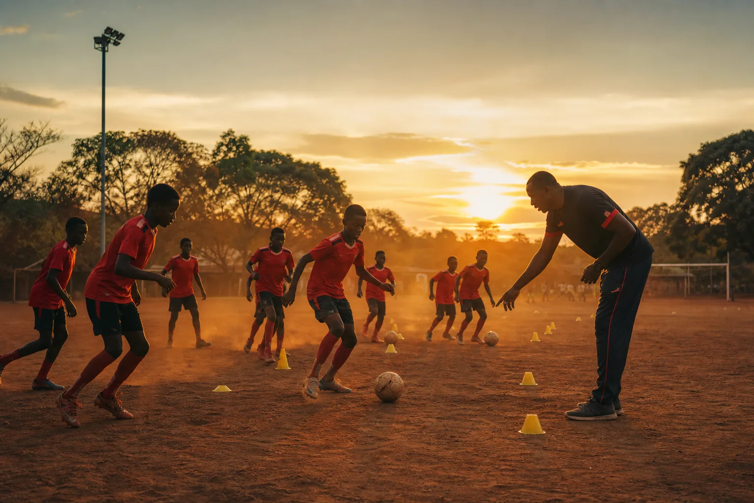 Young Zambian footballers training on a dusty community pitch in Lusaka at sunset