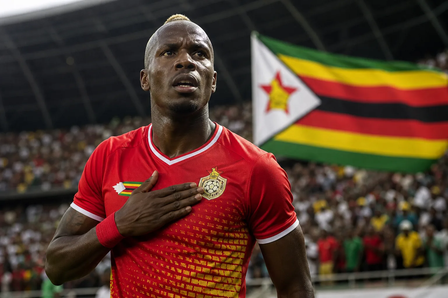 A fictional editorial portrait inspired by Zimbabwe footballer Knowledge Musona in a red Warriors kit