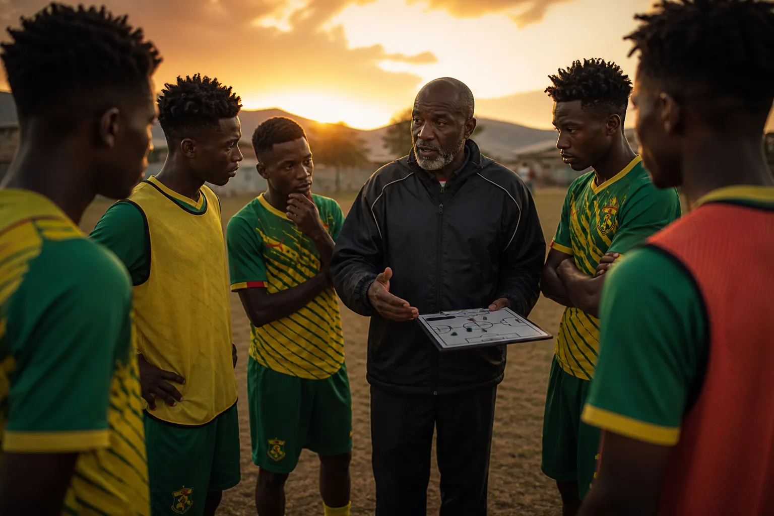 Young Zimbabwean footballers training with an experienced coach at sunset
