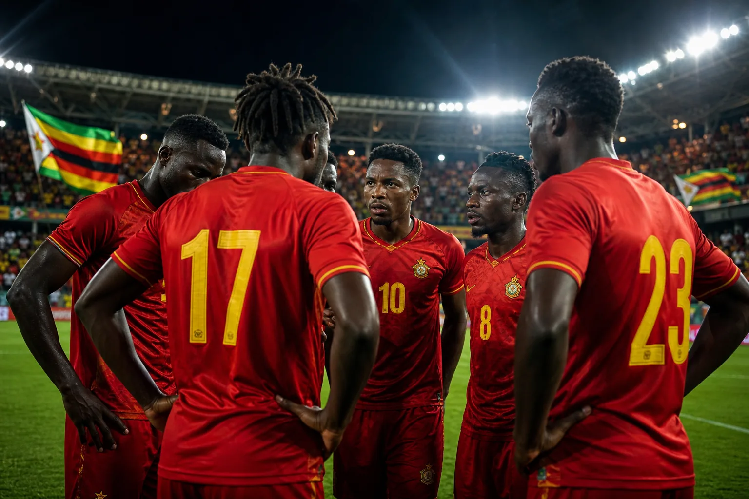 Zimbabwe Warriors preparing together before an AFCON qualifier in red kits