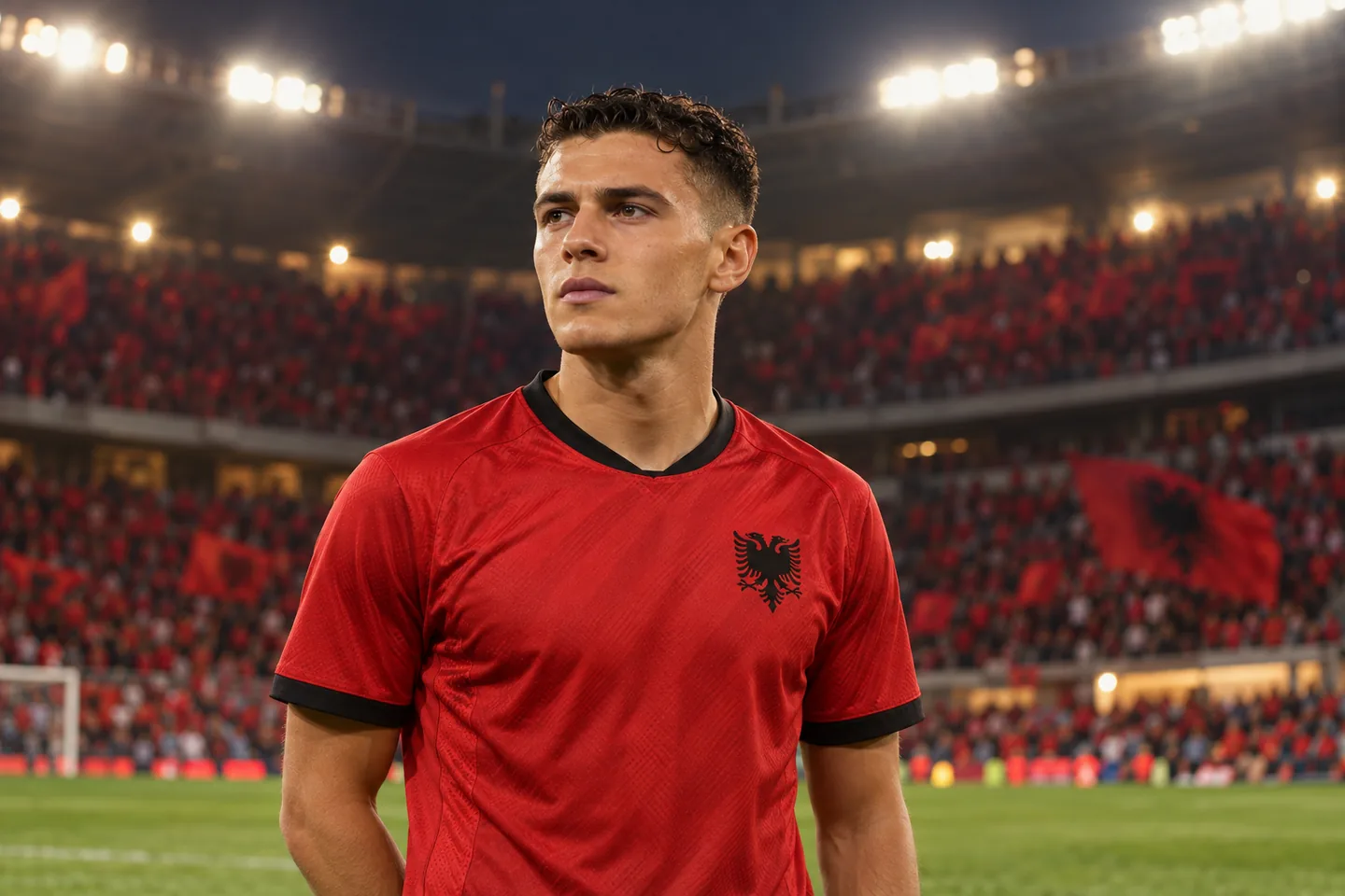 An Asllani-inspired Albania midfielder in a red kit, full face visible