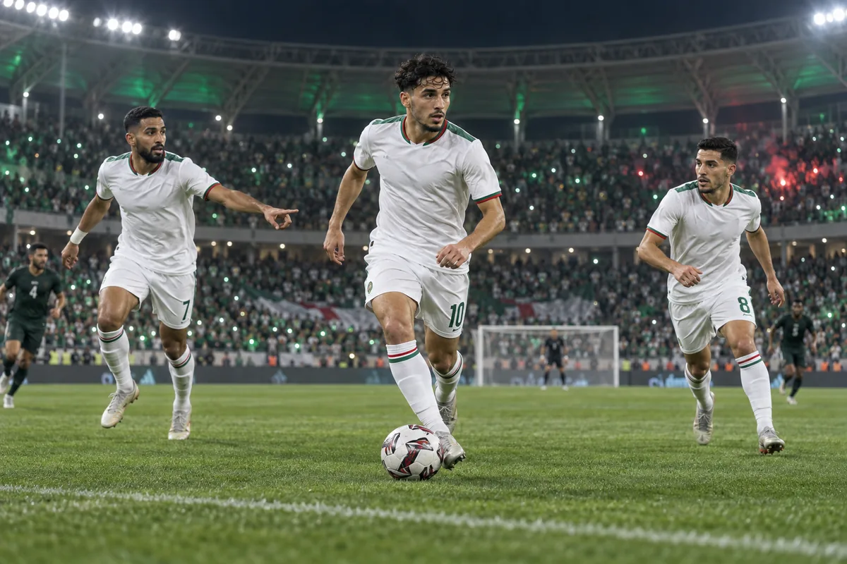 Fictional footballers in Algeria-inspired national colours during a stadium match