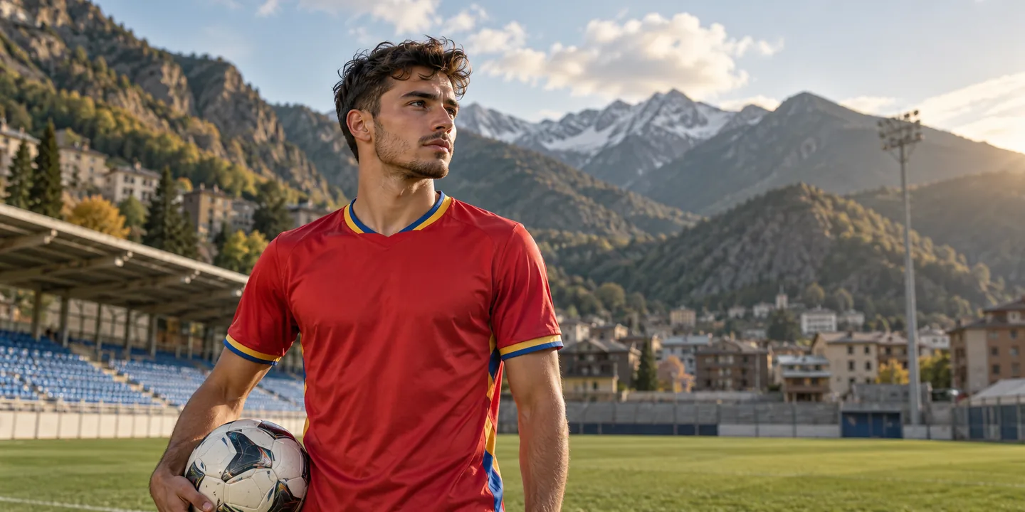 Berto Rosas-inspired Andorran forward in red with his full face visible, against a Pyrenean football backdrop