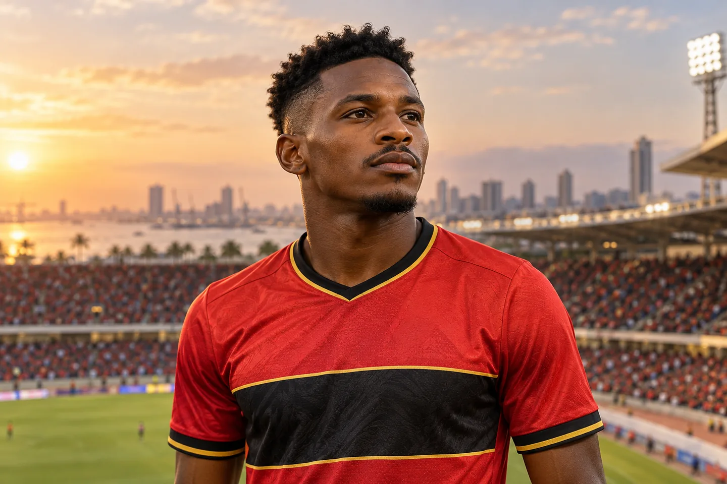 A Felício Milson-inspired Angola forward in red, full face visible