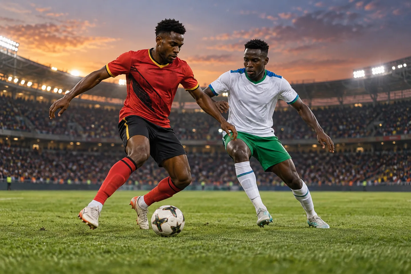 Symbolic Angola and South Sudan players contesting the ball, both faces visible