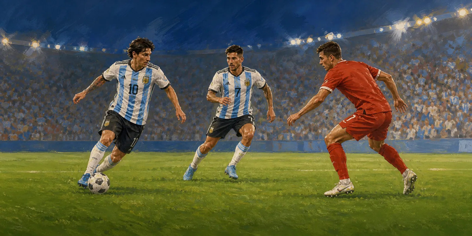 Illustration of fictional Argentina players combining under pressure from an opponent