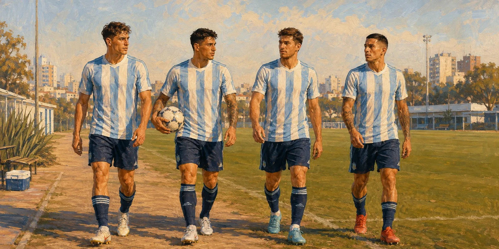 Illustration of four fictional Argentina players sharing responsibility on a training ground