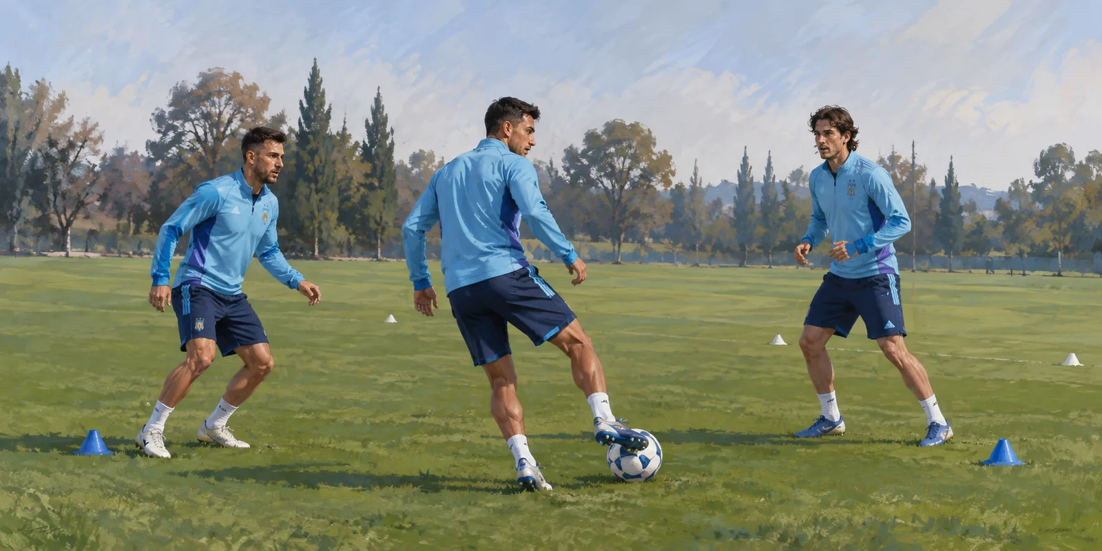 Illustration of three fictional Argentina midfielders practising a passing drill