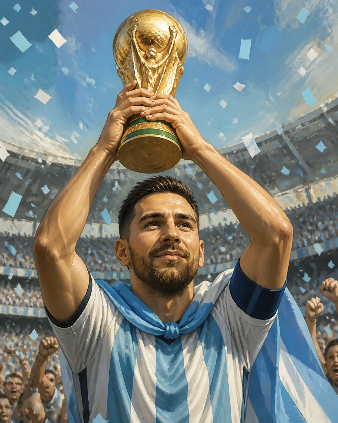 Editorial illustration of Lionel Messi lifting the World Cup in 2022