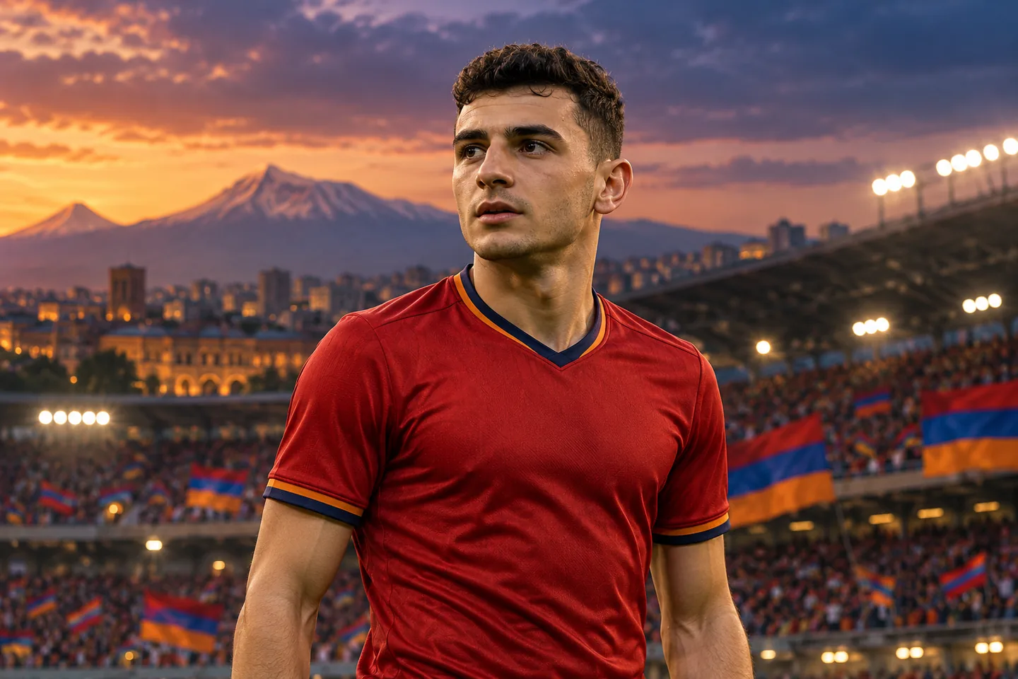 Eduard Spertsyan-inspired Armenia midfielder in red, with his full face visible
