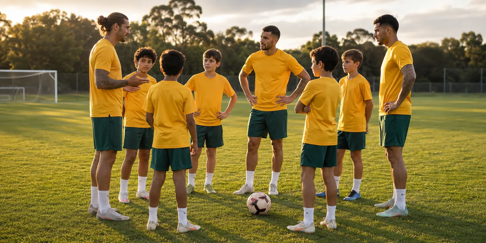Conceptual senior and young Australian players training together