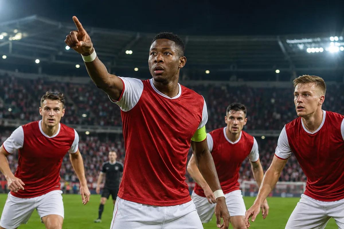 Fictional footballers in Austria-inspired national colours during a stadium match