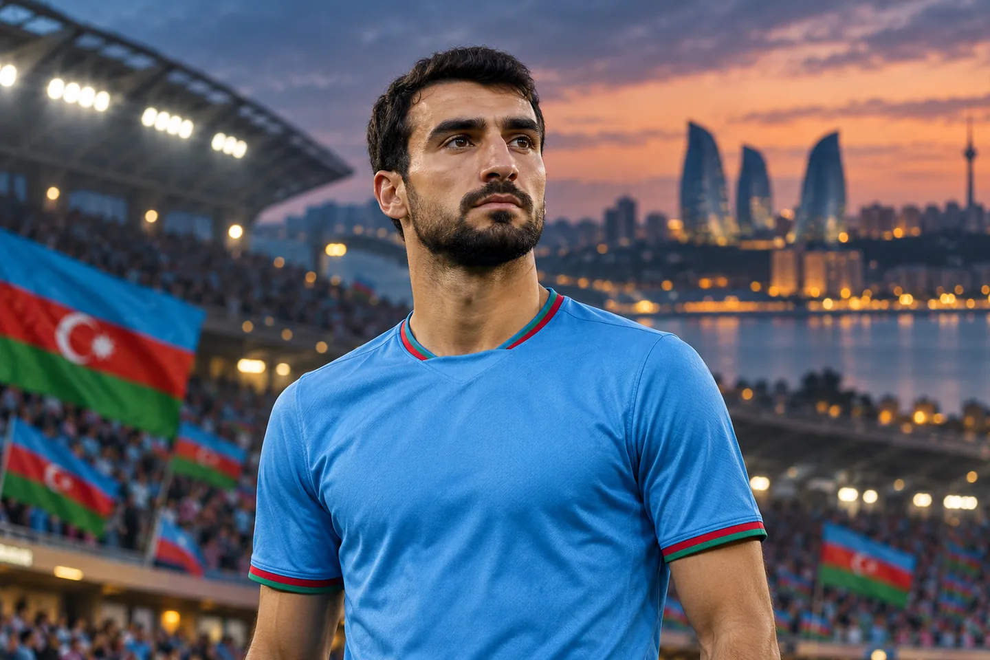 Mahir Emreli-inspired Azerbaijan forward in sky blue, with his full face visible