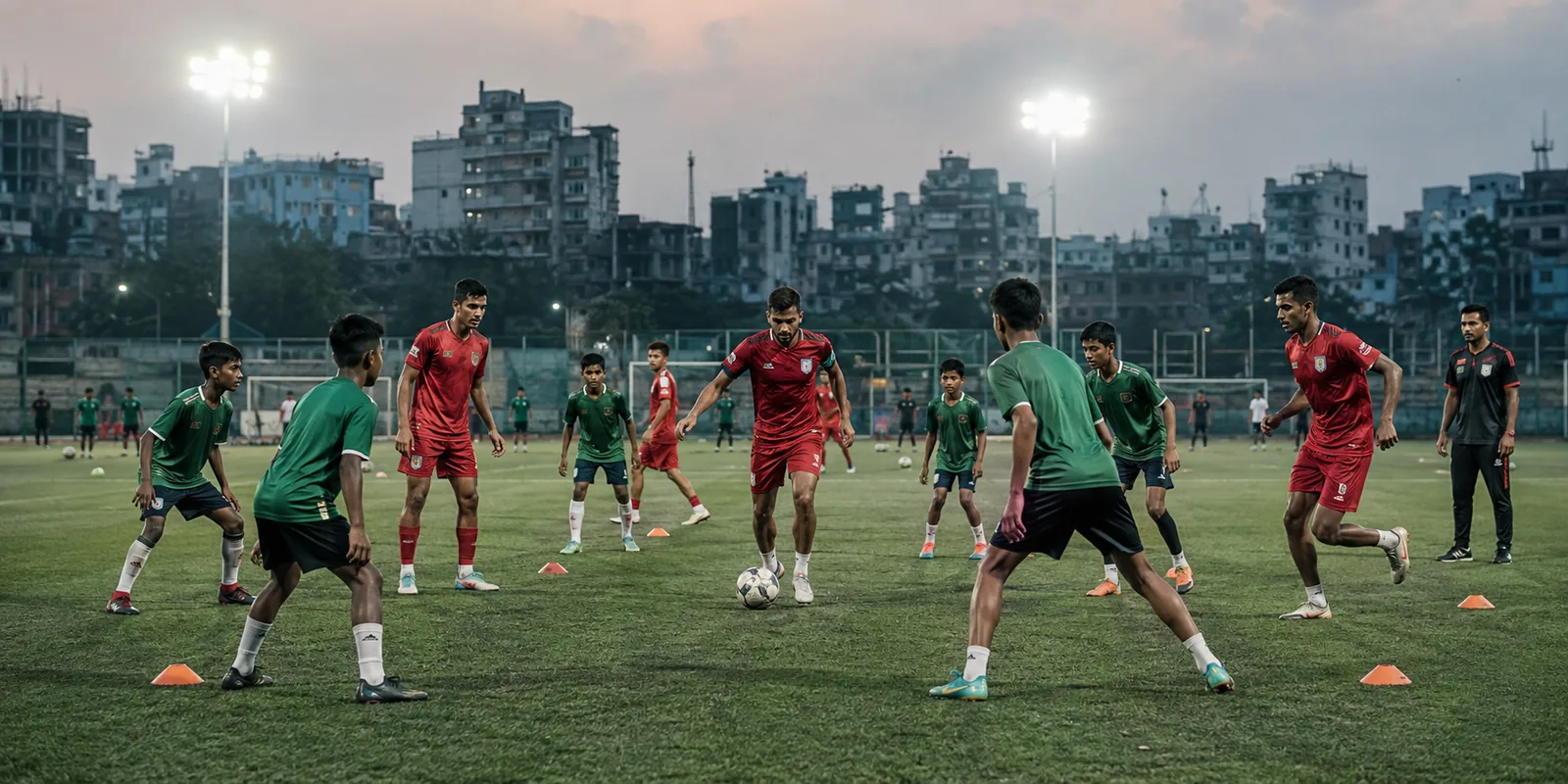 Conceptual illustration of senior Bangladesh players training with younger players in Dhaka
