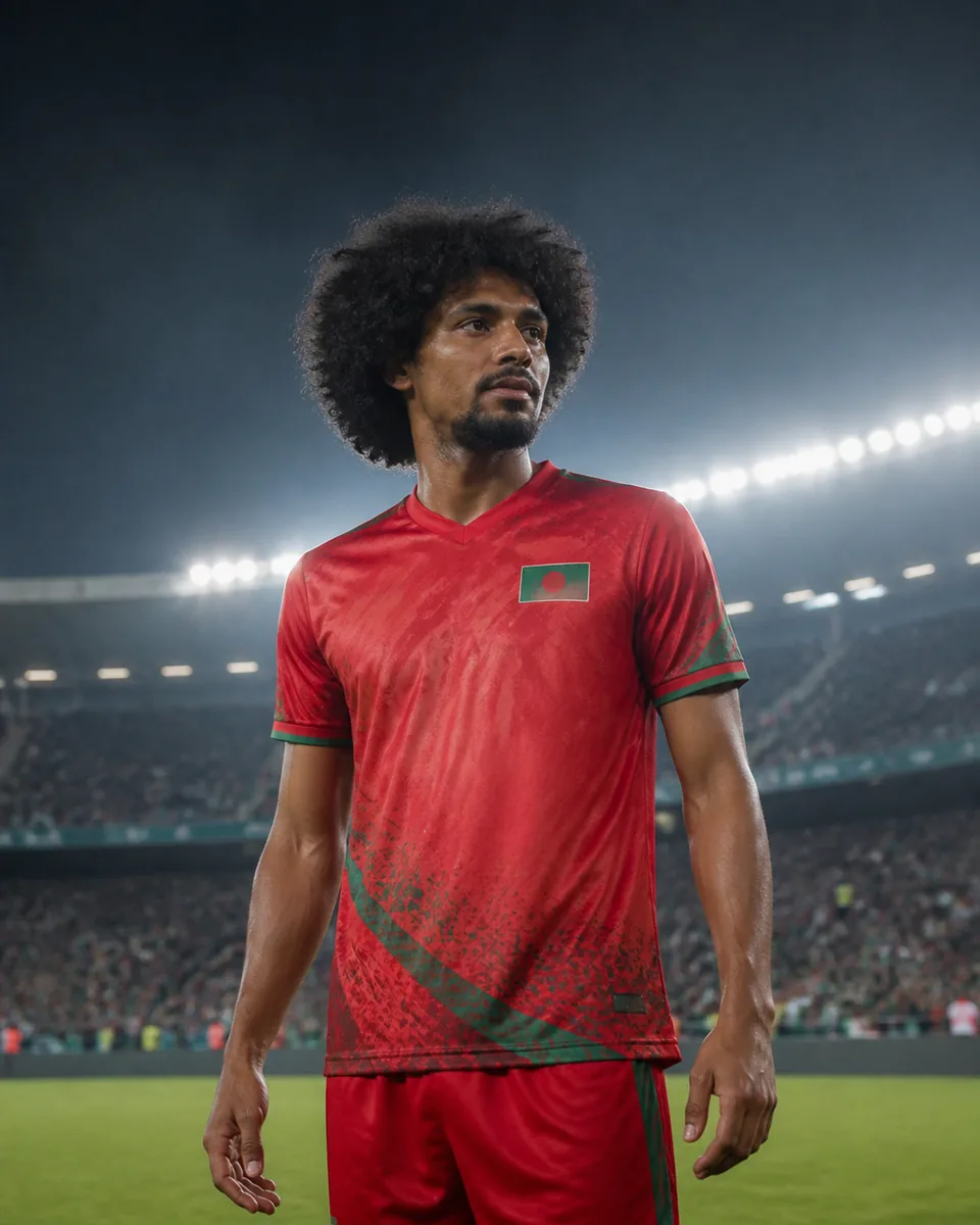 Editorial portrait of Hamza Choudhury in Bangladesh colours at a stadium