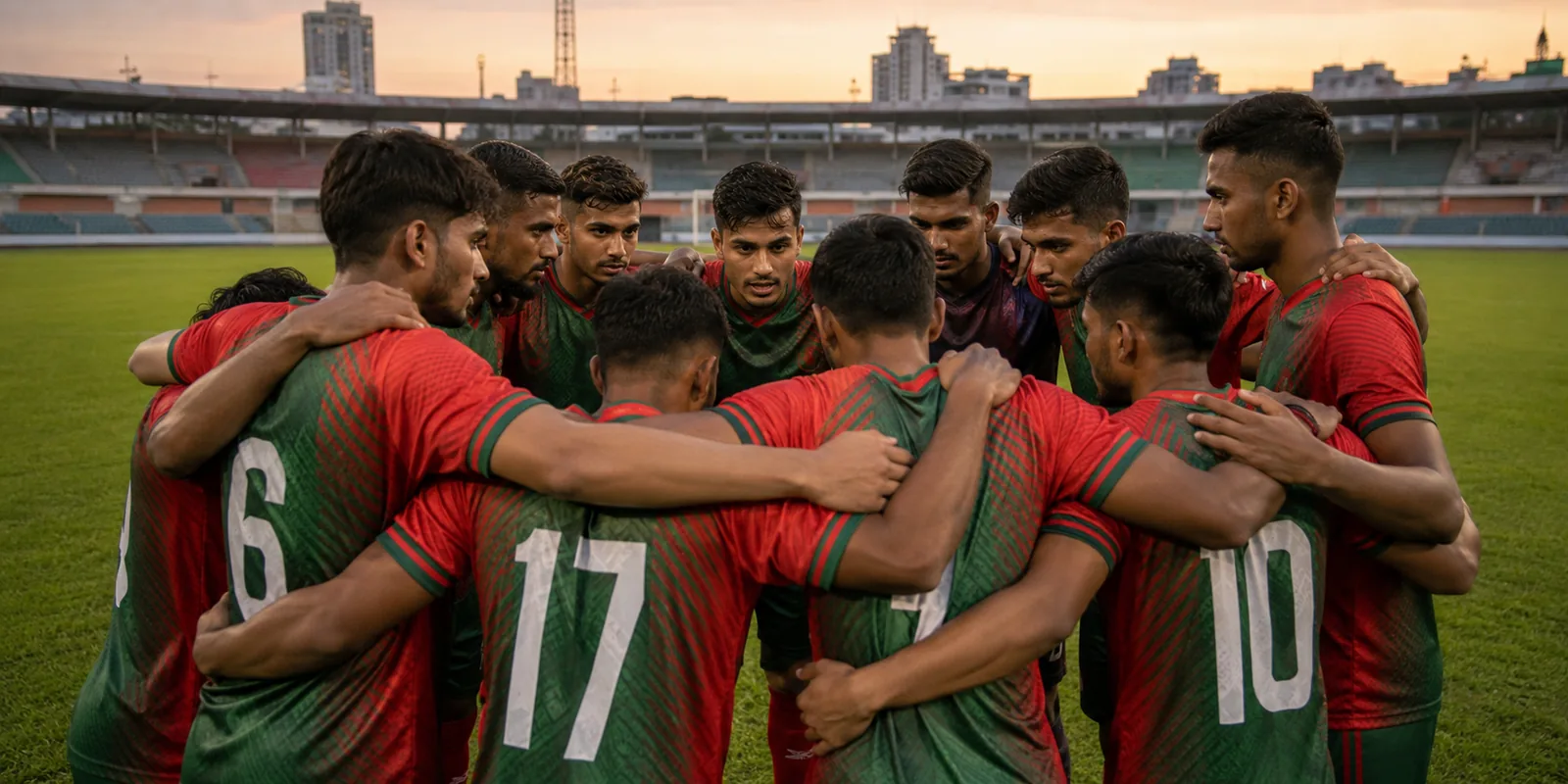 Conceptual illustration of Bangladesh players in a focused team huddle