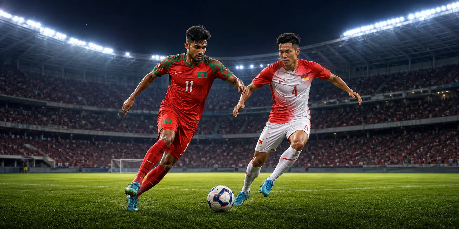 Conceptual illustration of a Bangladesh footballer competing with a Singapore-inspired opponent