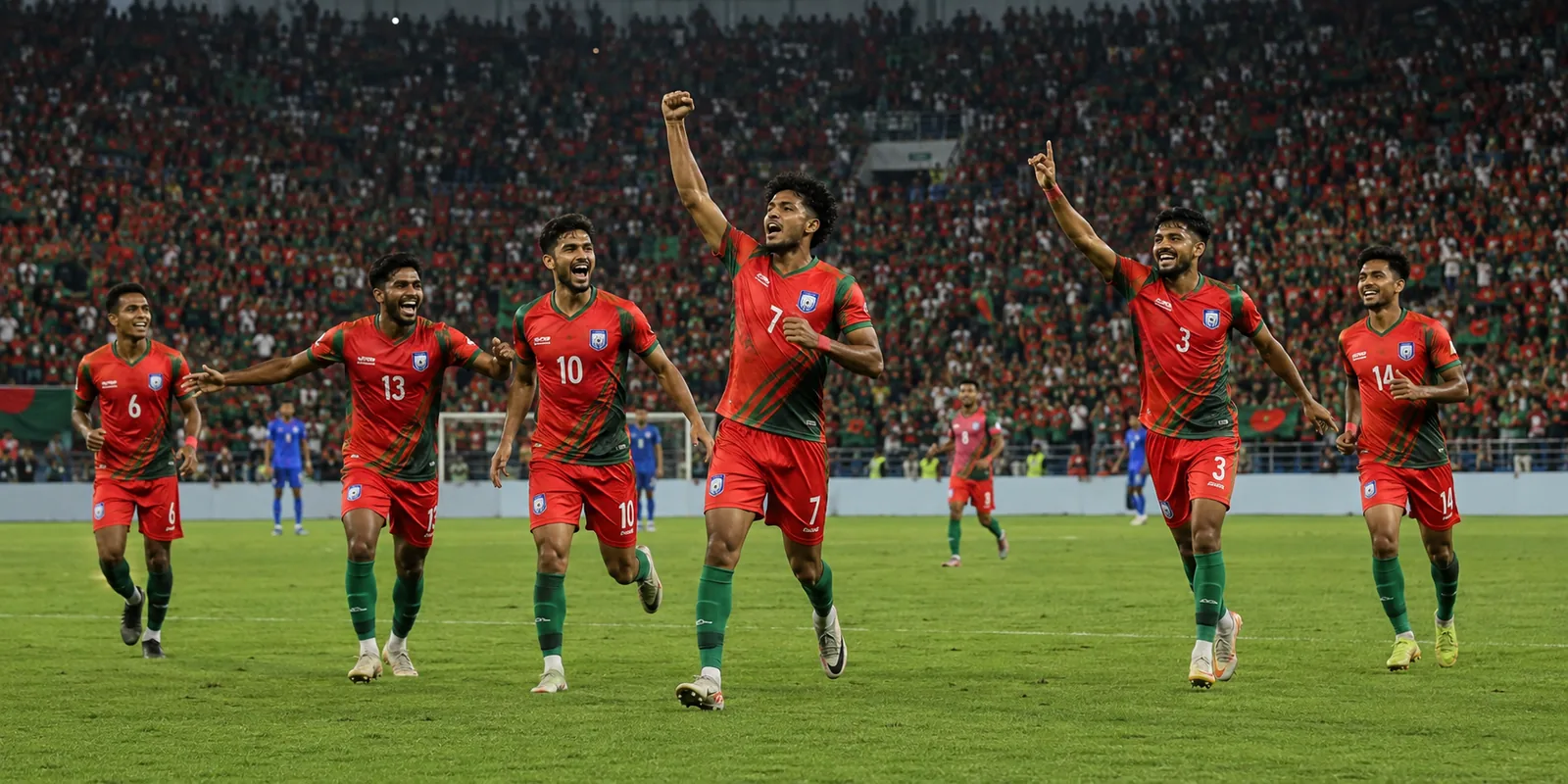 Conceptual illustration of Bangladesh players celebrating in a packed Dhaka stadium