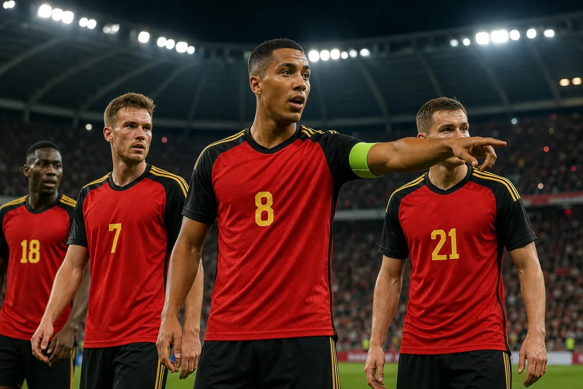 Fictional footballers in Belgium-inspired national colours during a stadium match