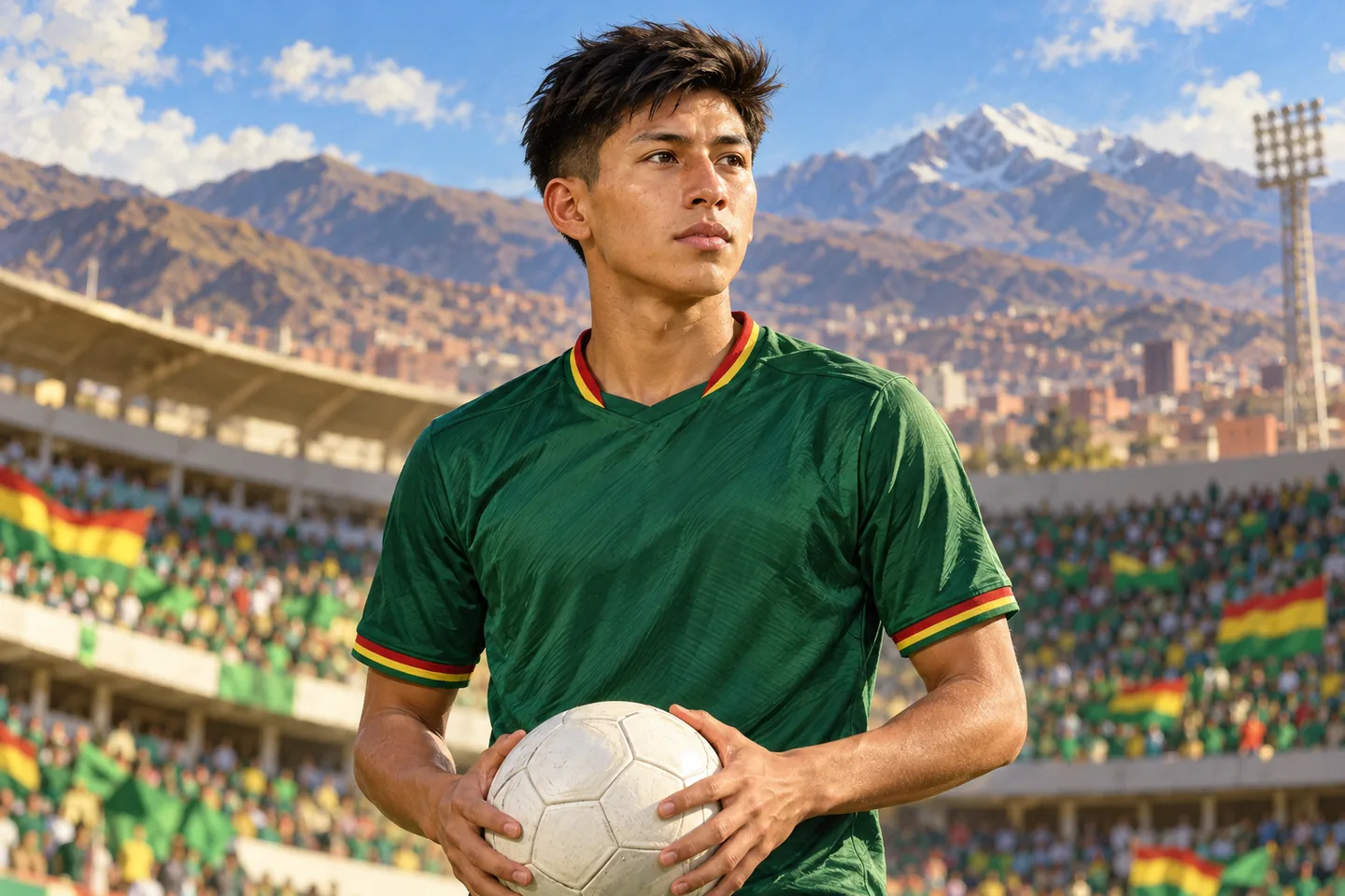 Terceros-inspired Bolivian playmaker in a green football shirt holding a ball